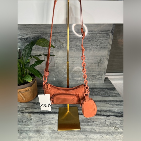 Zara Womens Burnt Orange Crossbody Bag with Chain Pocket Pouch - Picture 2 of 7